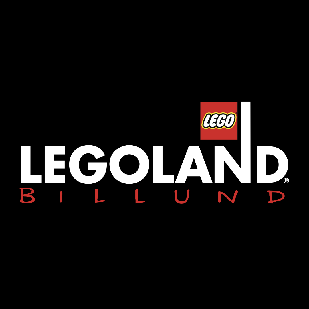 LEGOLAND Billund-logo på sort baggrund med LEGO-logoet øverst og teksten “LEGOLAND BILLUND” i hvide og røde bogstaver.