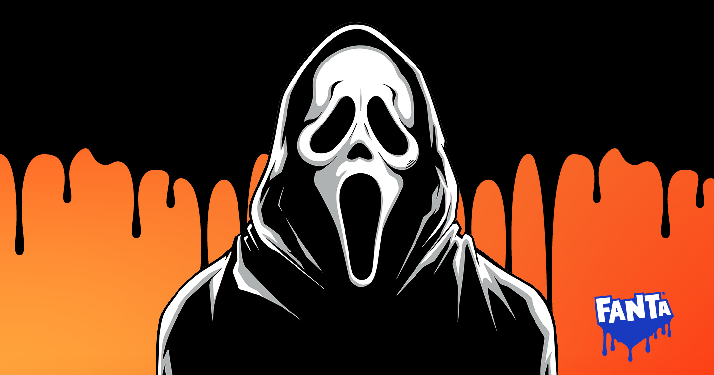 Illustration af en maskeret gyserfigur i sort hætte med et hvidt, skrigende ansigt på en sort baggrund. Bag figuren ses orange dryppende grafik, der skaber en Halloween-inspireret stemning.