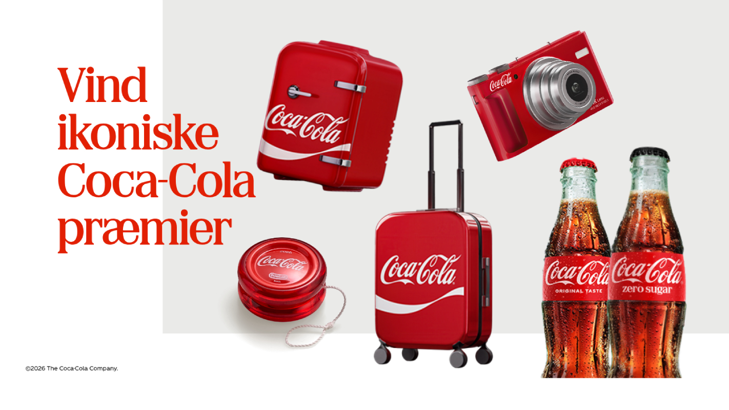 Vind ikoniske Coca‑Cola-præmier som retrokamera, trolleykuffert, minikøleskab, yoyo og Coca‑Cola-flasker..