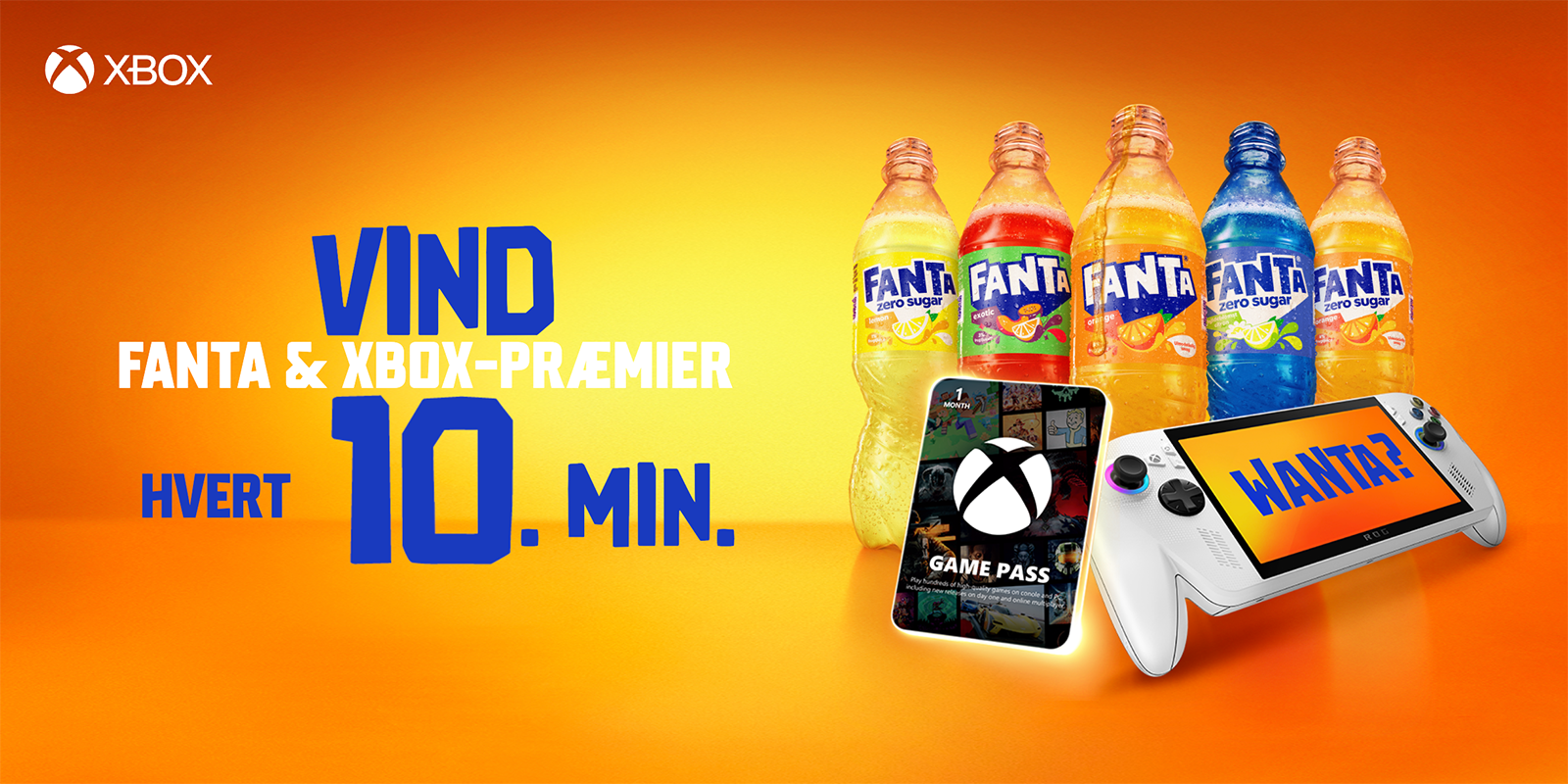 En dåse Fanta med tekst, der promoverer Xbox-præmier, der uddeles hvert 10. minut; orange og gul baggrund med fed skrift