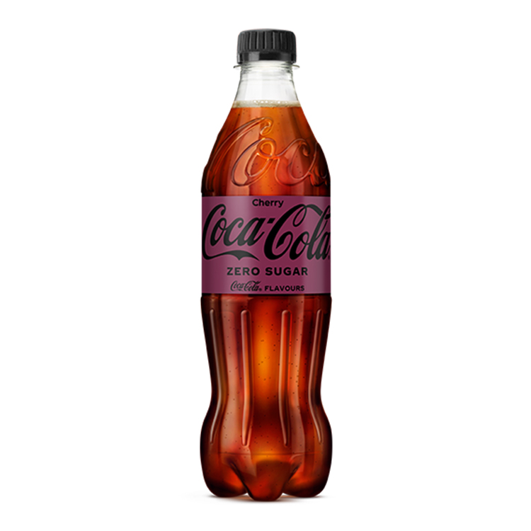 Coca-Cola Zero Cherry-plastikflaske på hvid baggrund