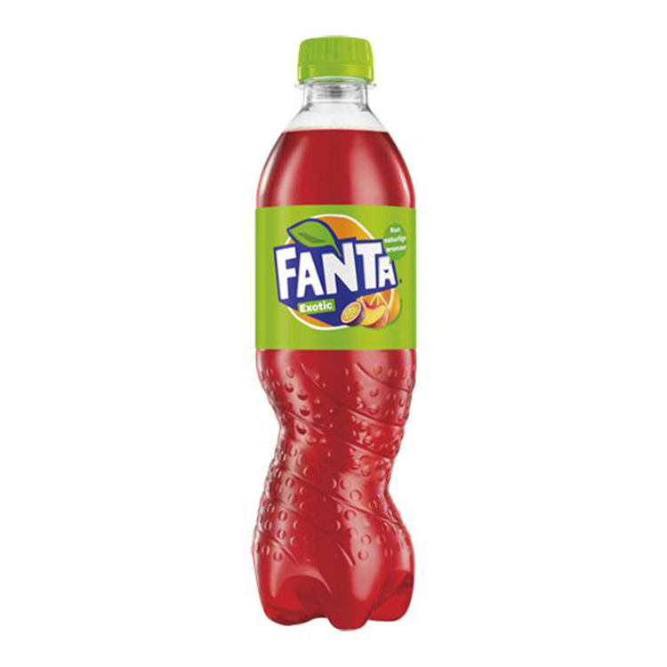 Fanta Exotic-plastikflaske på grå baggrund