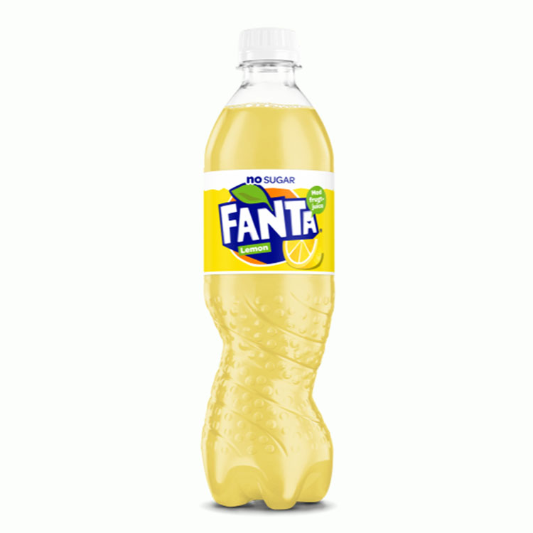 Sukkerfri Fanta Lemon-plastikflaske på grå baggrund