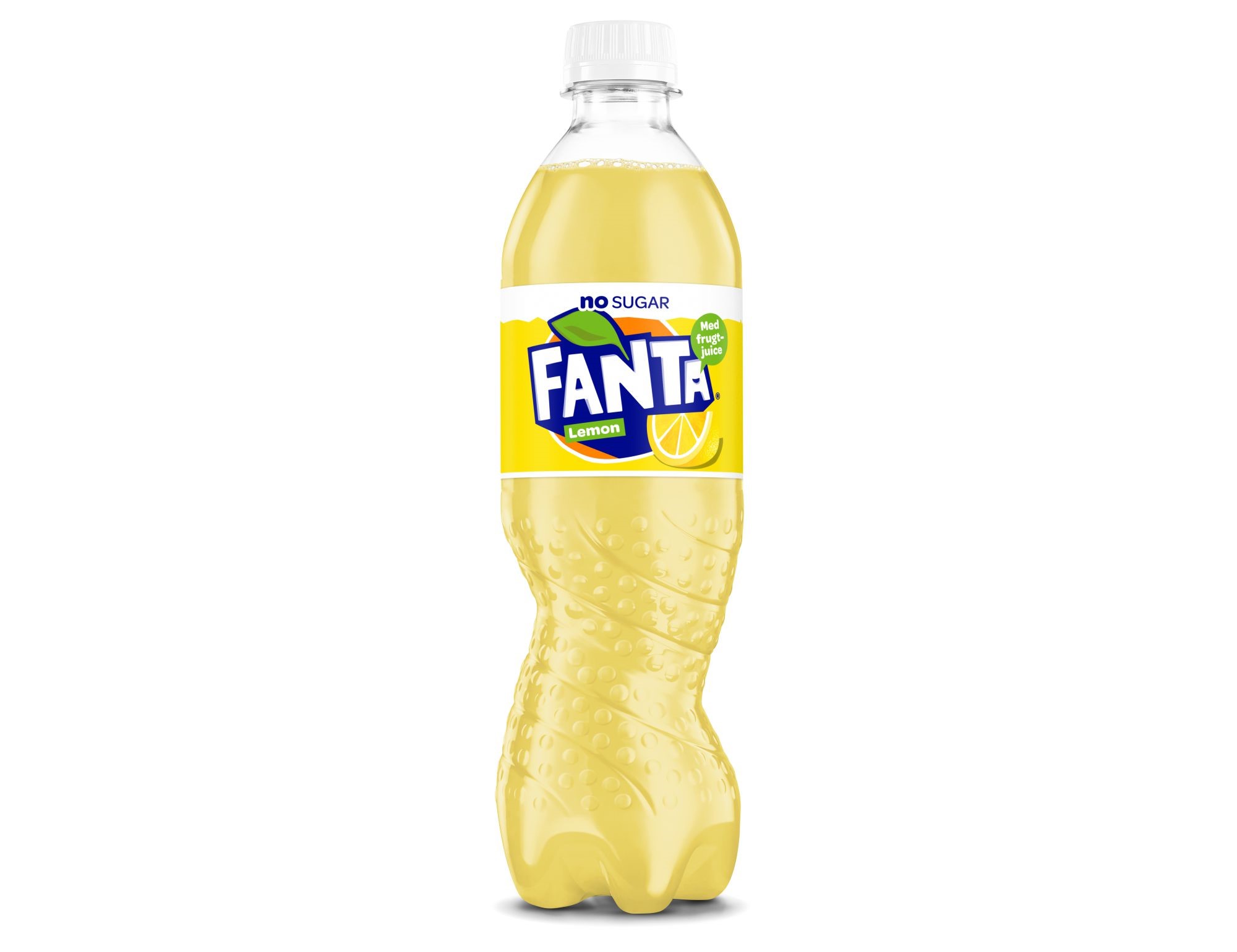 En fyldt sukkerfri Fanta Lemon-plastikflaske på hvid baggrund