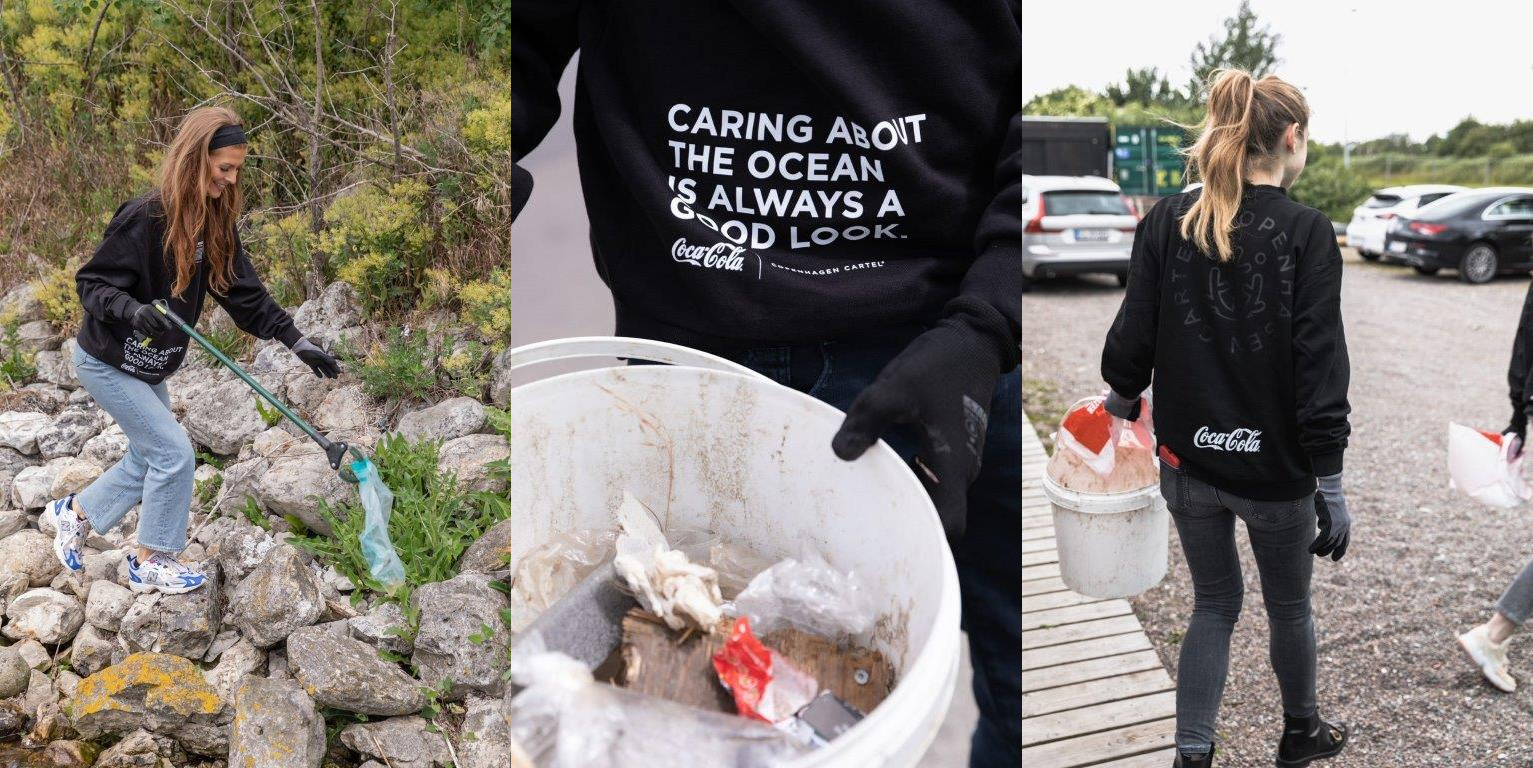 Tredeling med stående kvinde på sten der indsamler affald i naturen, person i sort Coca-Cola-trøje med spand med affald og kvinde med spand affald på en parkeringsplads