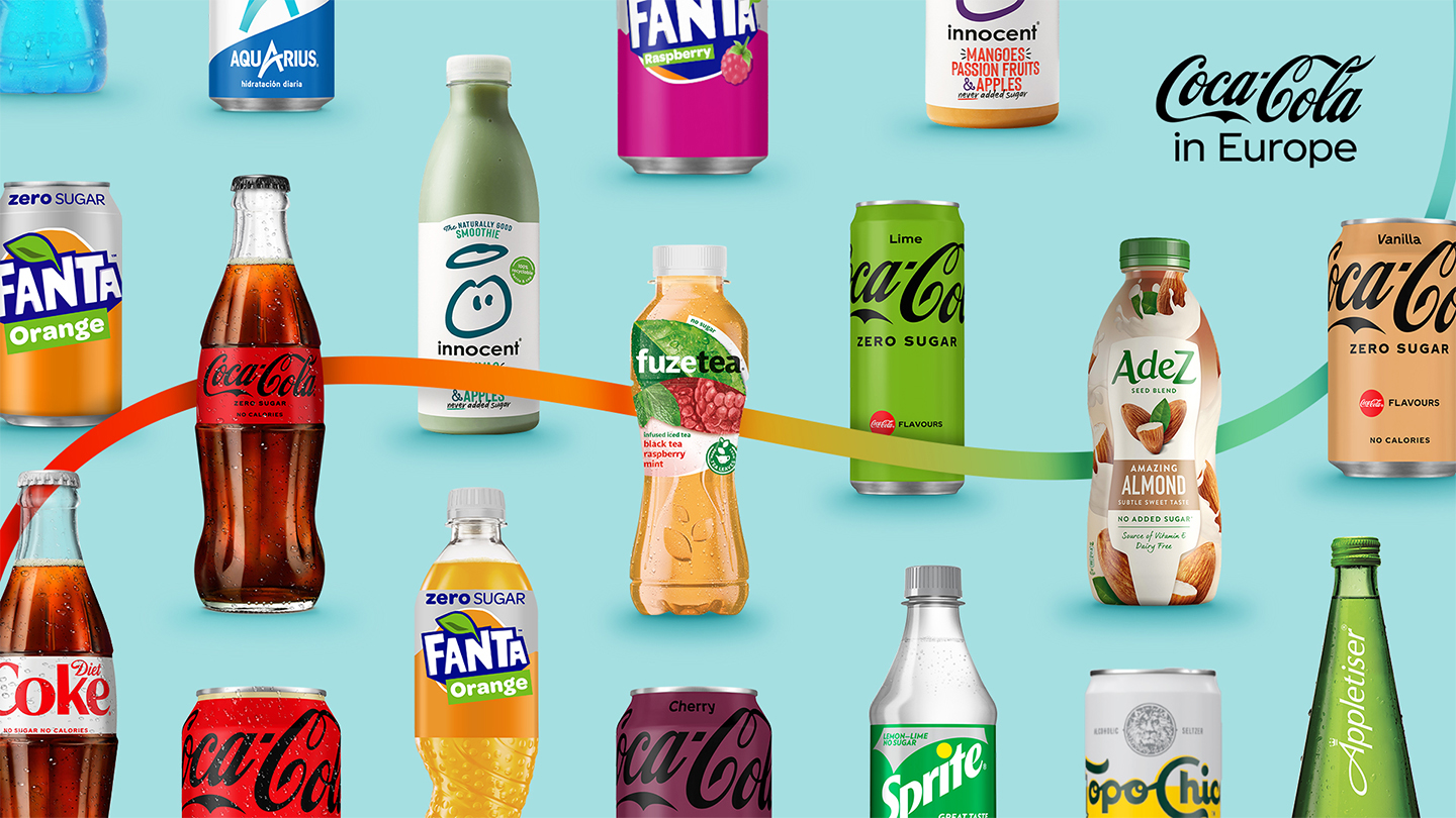 Grafisk opsætning med et blandet udvalg af drikkevarer fra Coca-Cola i Europa
