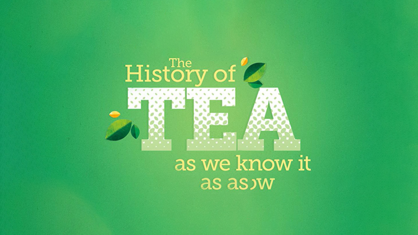 Reklametekst 'The History of TEA as we know it' på lysegrøn baggrund med grønne teblade