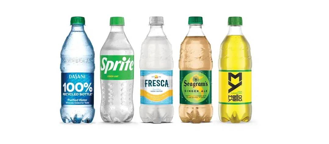 Fem flaskede Coca-Cola-produkter