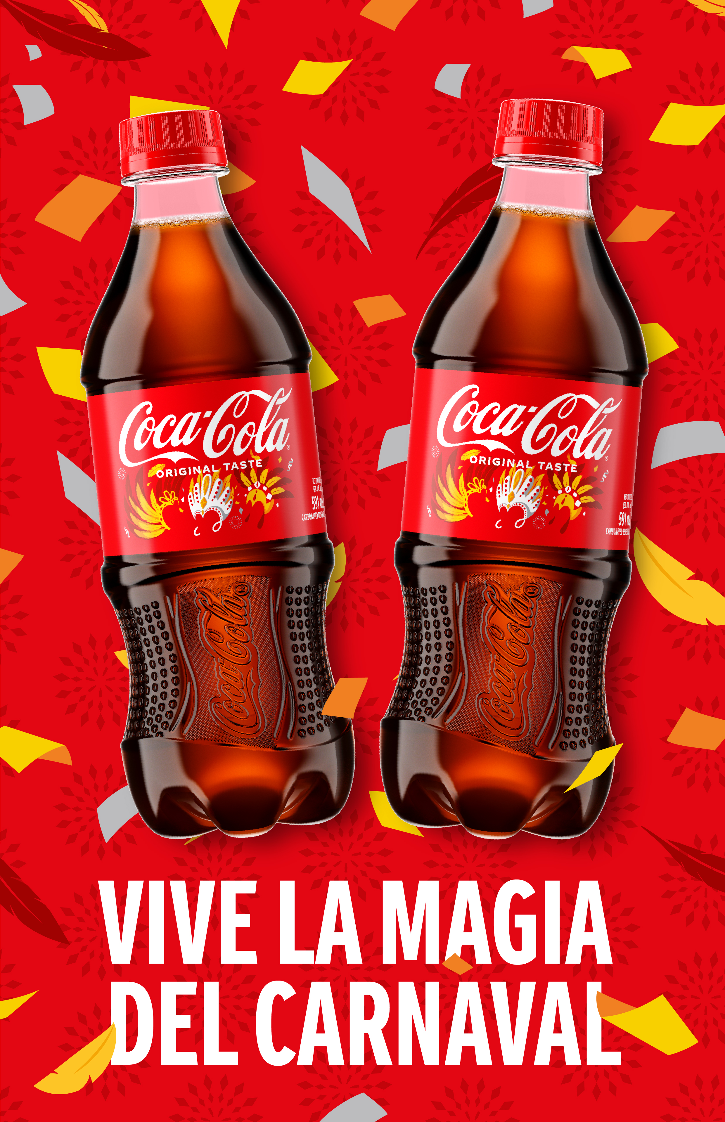 Dos botellas de Coca-Cola. Vive la Magia del Carnaval. 