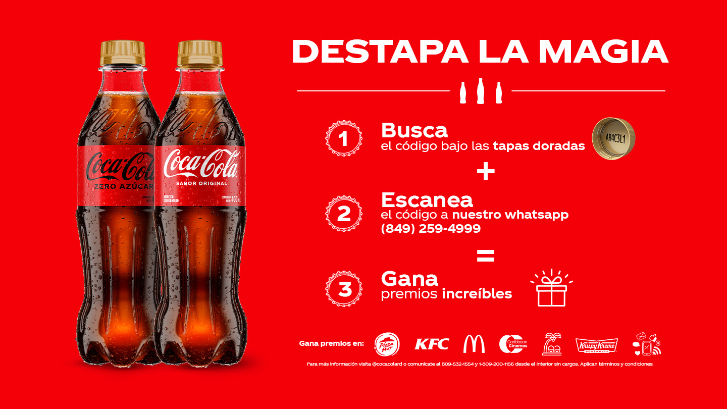 Promo Destapa la magia de Coca-Cola con dos botellas y pasos para buscar el código, escanear por WhatsApp y ganar premios instantáneos