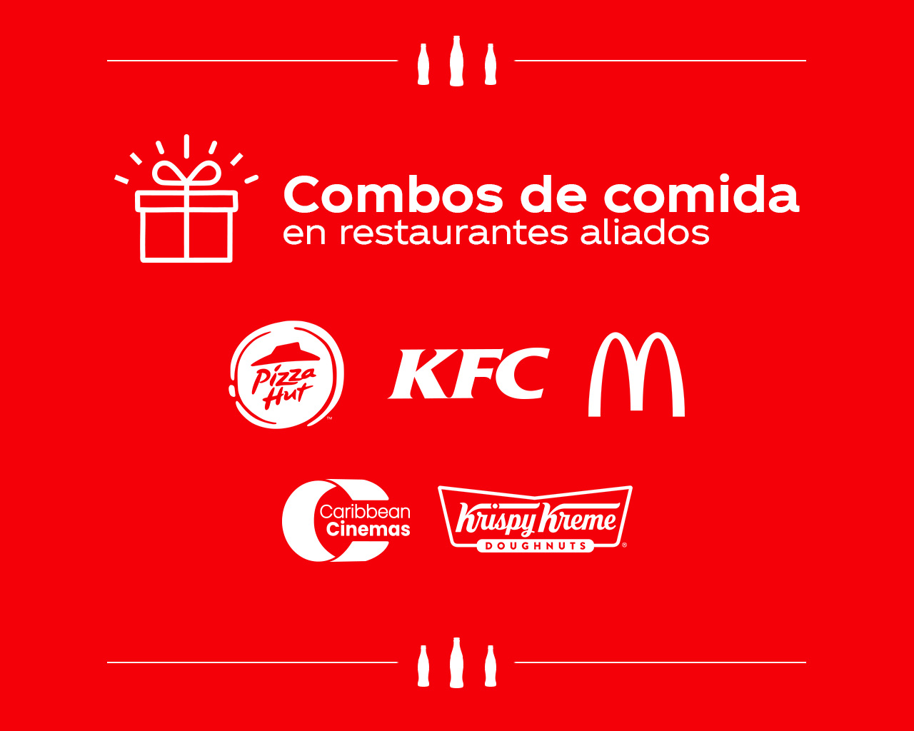 Icono de regalo junto a los logos de KFC, McDonald’s, Caribbean Cinemas y Krispy Kreme para ganar combos de comida