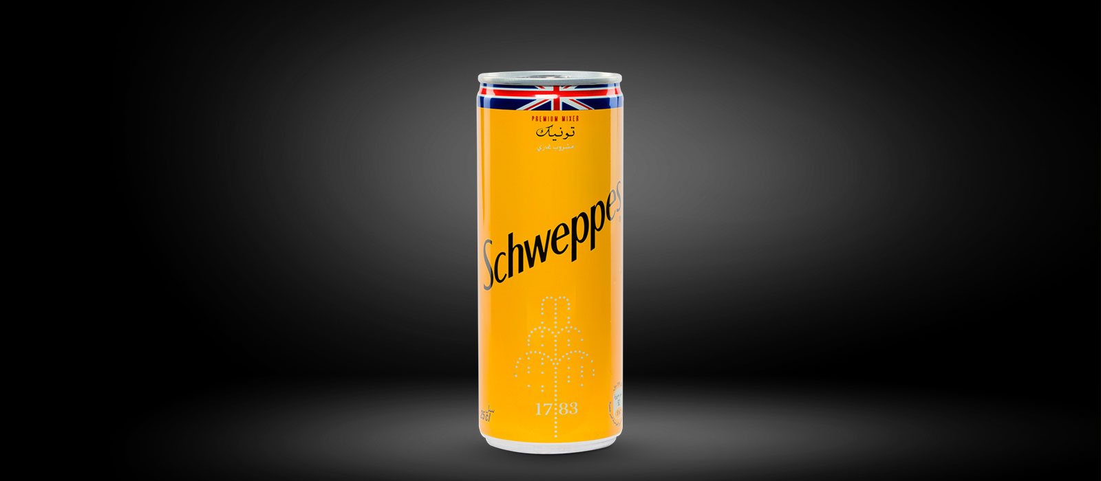 Une canette de soda Schweppes avec un fond gris