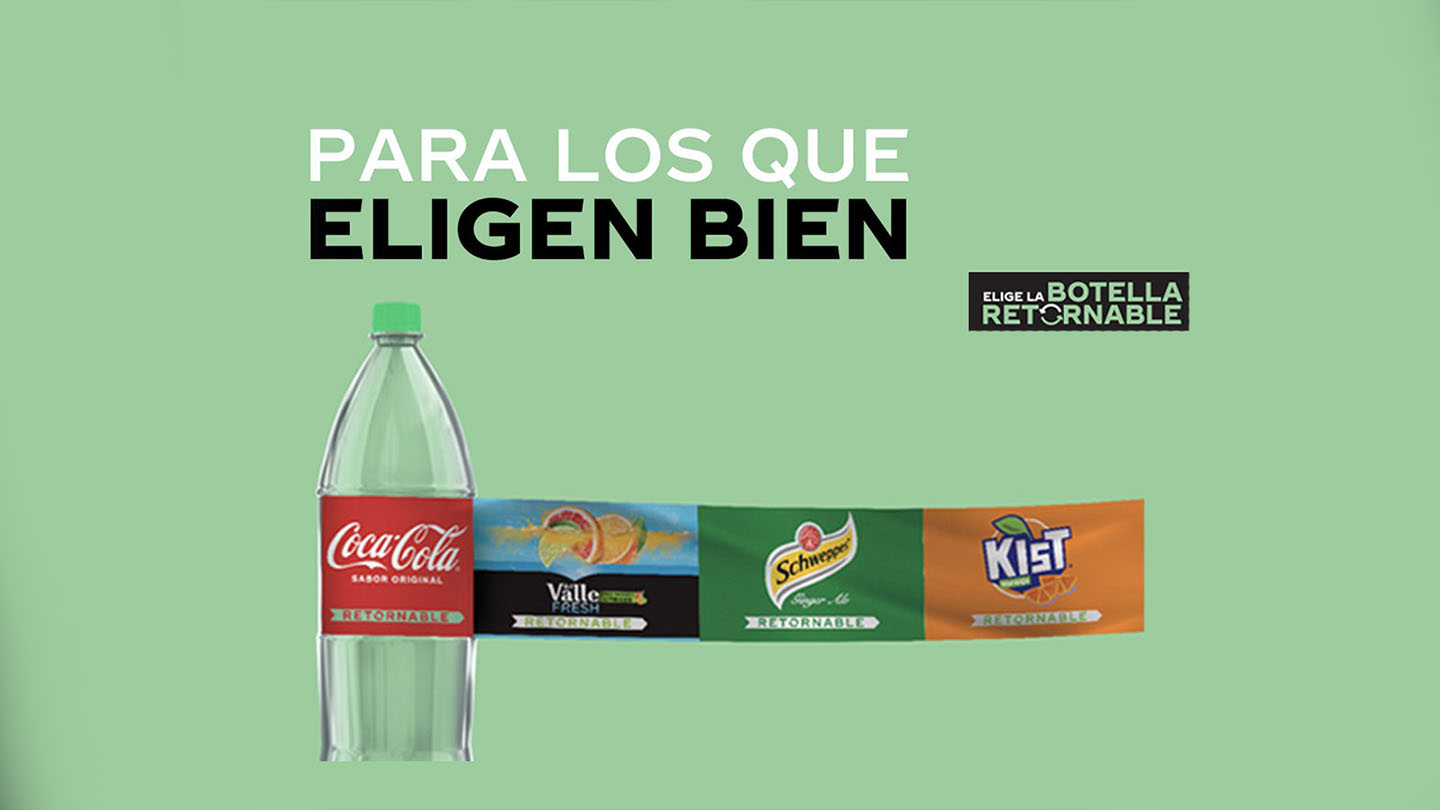 Botella de Coca-Cola junto a etiquetas de otras marcas de Coca-Cola sobre fondo verde con texto
