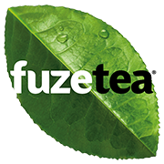 Fuzetea must ja valge logo, rohelise lehe taustal