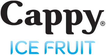 Must ja hele-sinine Cappy Ice Fruit logo