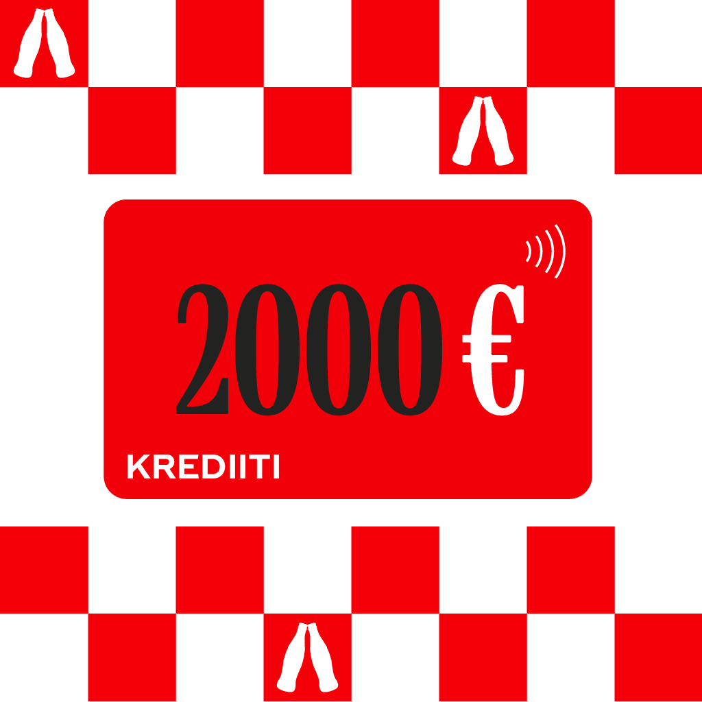 Punase ja valge ruudulise tausta keskel on punane kaart tekstiga „2000 € krediiti“, ümbritsetud Coca-Cola stiilis graafilistest elementidest.