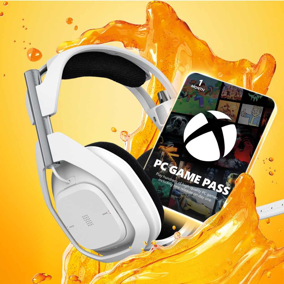 Baltos žaidimų ausinės ir „Xbox Game Pass“ kortelė oranžiniame pursle.