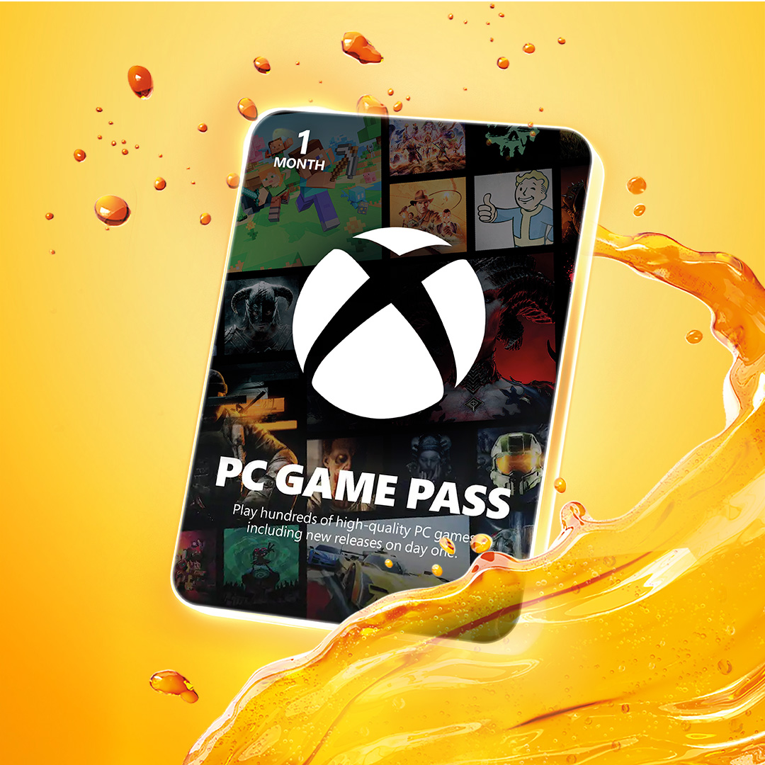 Xbox PC Game Passi kaart kollasel taustal oranži vedeliku pritsmete vahel.