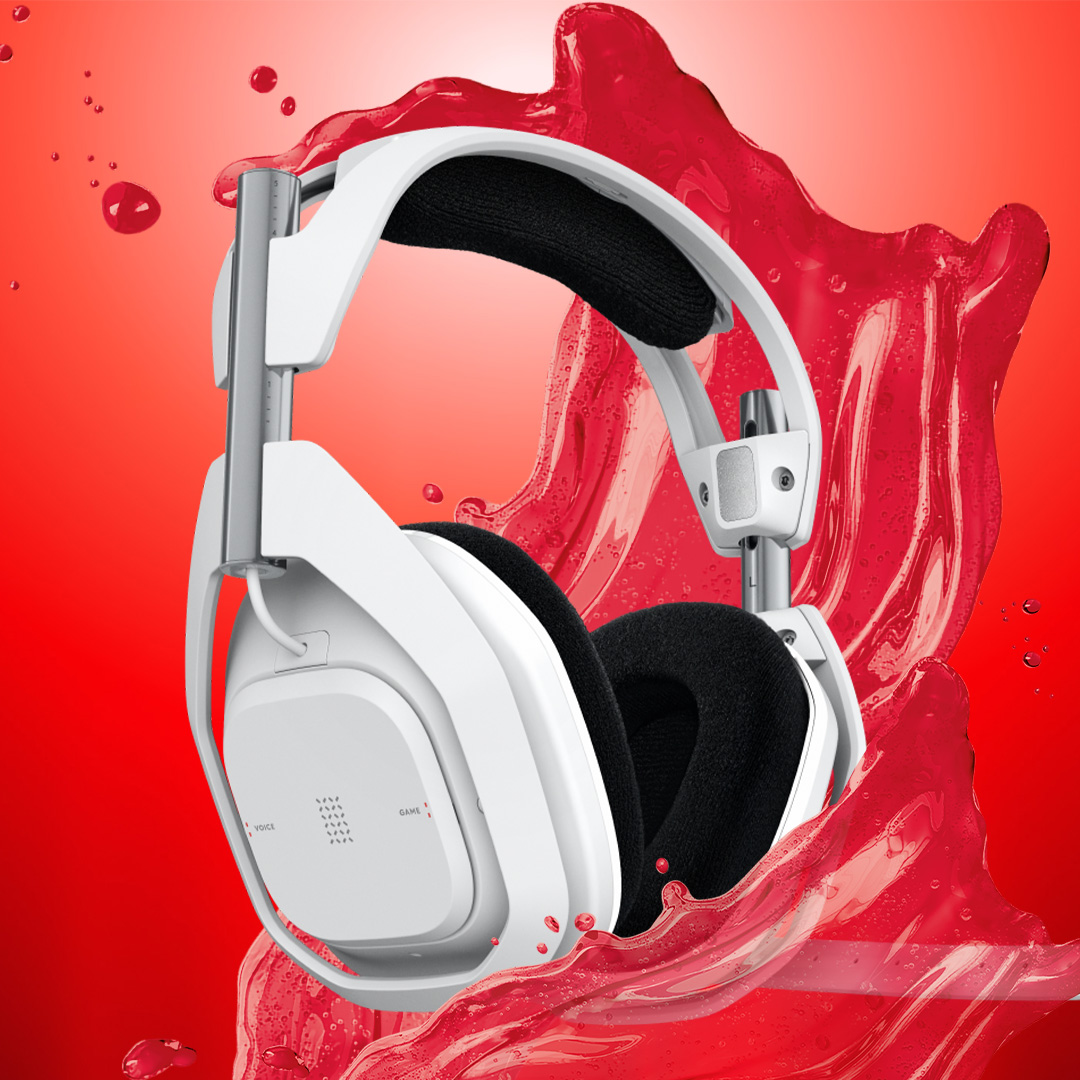 Valged kõrvaklapid punase pritsiva tausta ees.