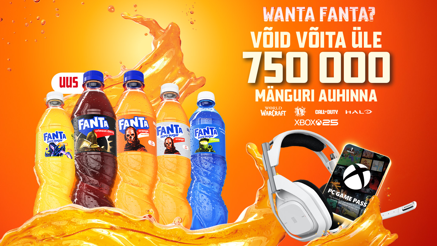 Fanta reklaam oranžil taustal: neli Fanta pudelit ja mängukomplekt, kutse võita 750 000 auhinda.