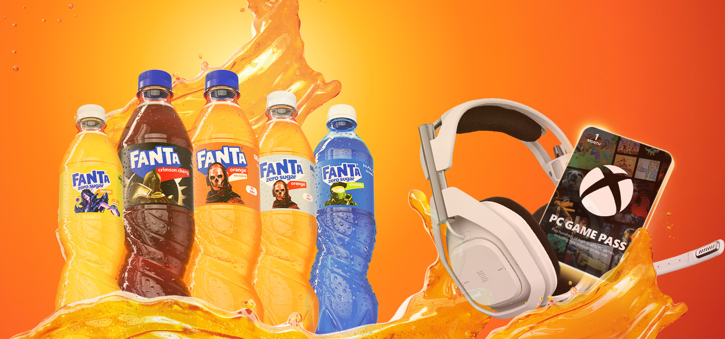 Fanta dzērienu reklāma ar dažādām pudelēm un piedāvājumu laimēt videospēļu balvas un Xbox Game Pass.