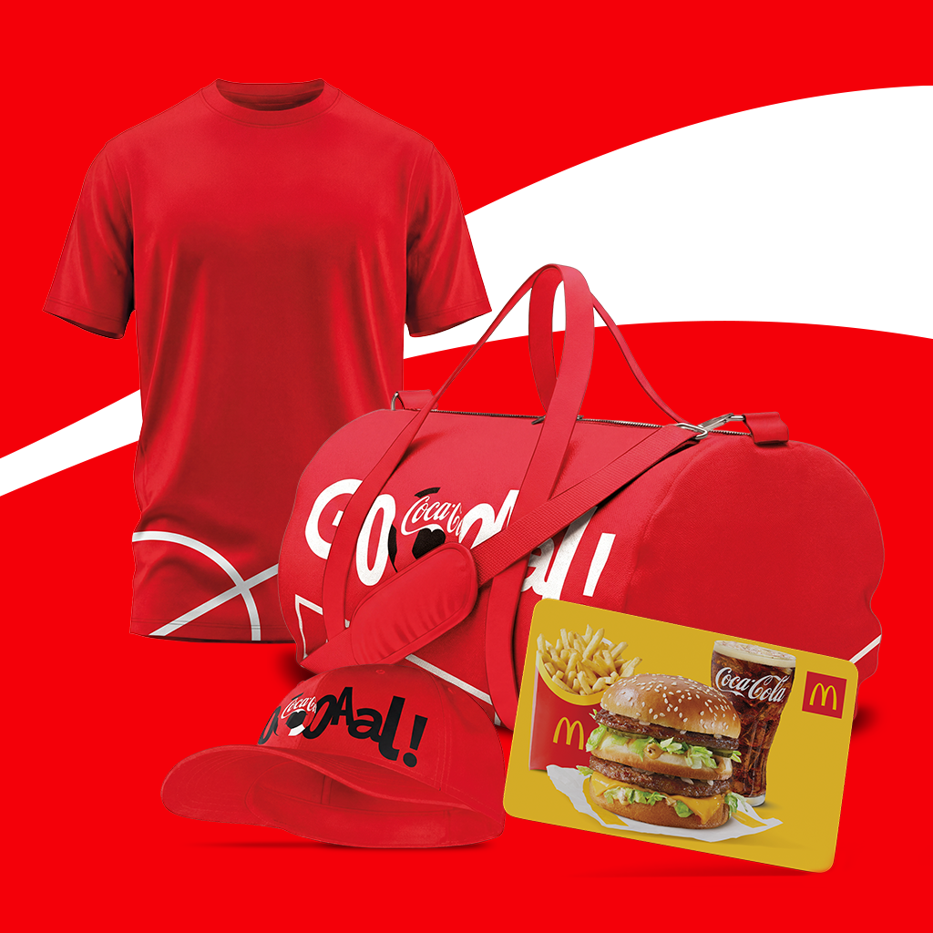 Punane Coca-Cola kott, müts ja T-särk koos McDonald’si kinkekaardiga
