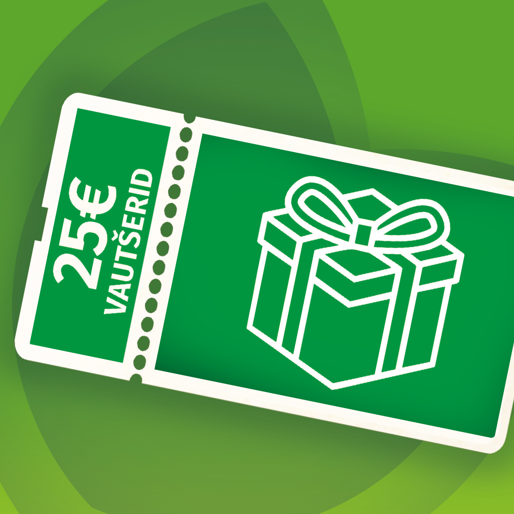 25 € väärtuses kinkekaart valge kingiikooniga rohelisel taustal.