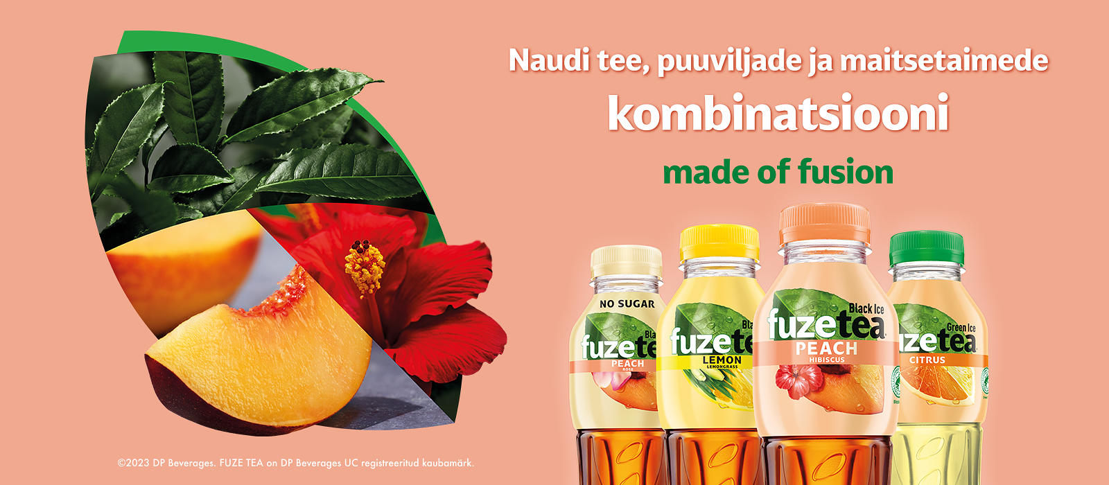 Leia oma tee. Kaks Fuzetea pudelit: "Peach with hint of rose" ja "Passionfruit". Tekstiilne taust.