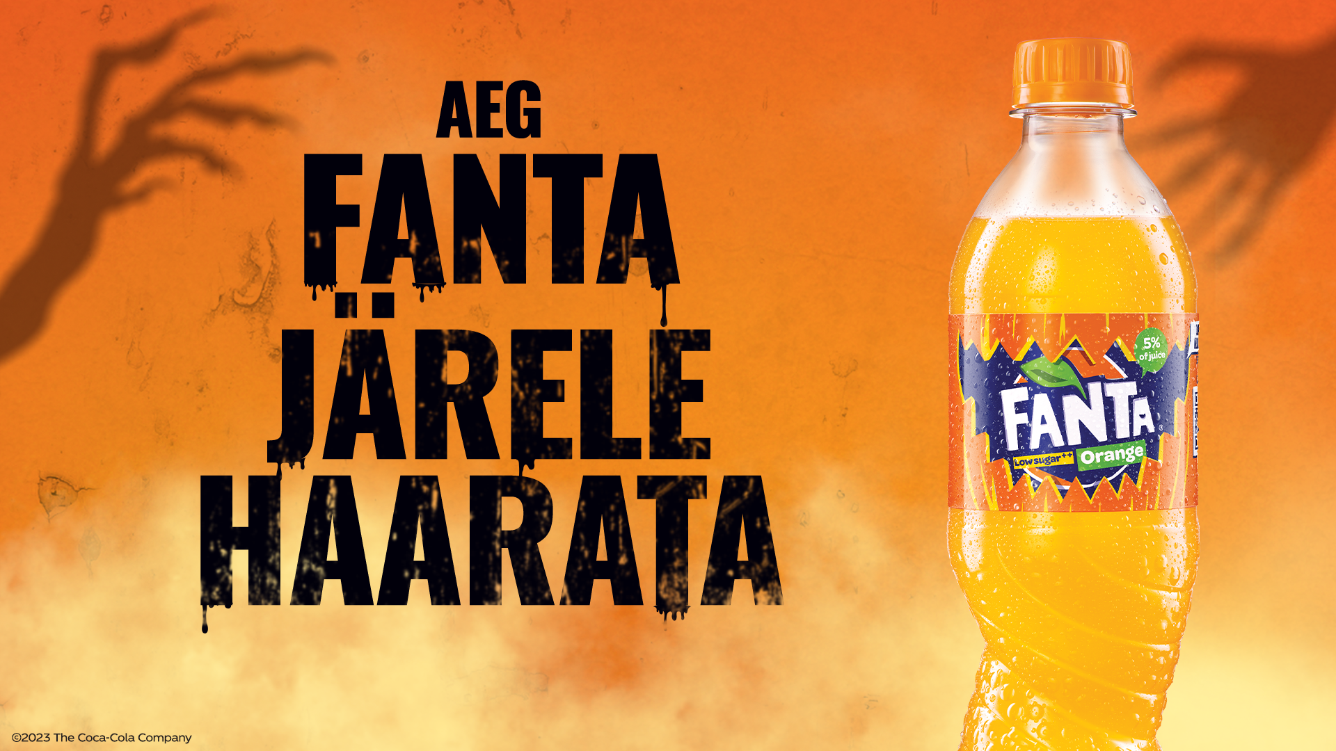Bottle of Fanta with scary image and text to grab a Fanta to win epic tricks or treats