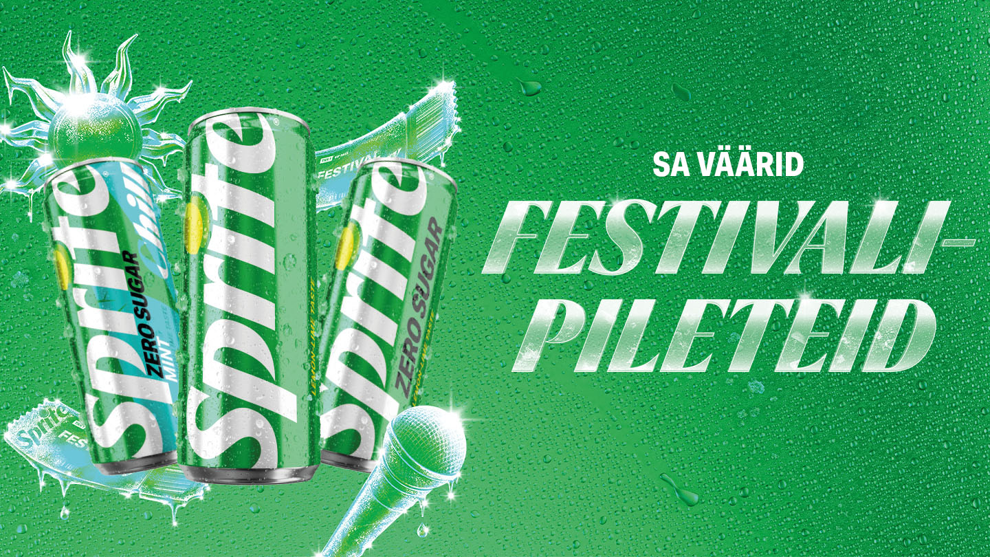 Roheline reklaambänner joogi purkidega ja tekstiga „Sa väärid festivalipileteid”.