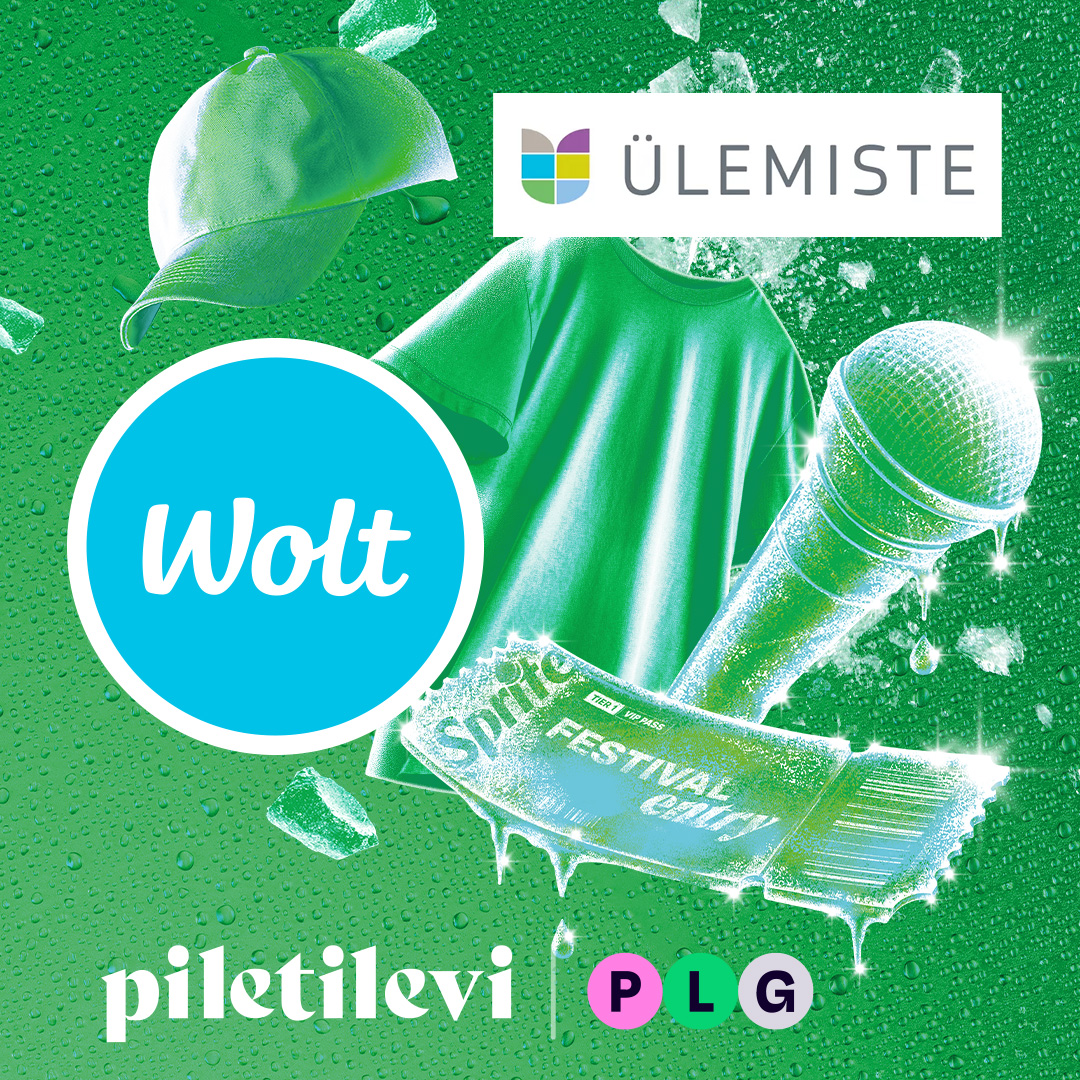 Roheline T-särk, nokamüts ja mikrofon, Ülemiste, Wolt ja Piletilevi logod.