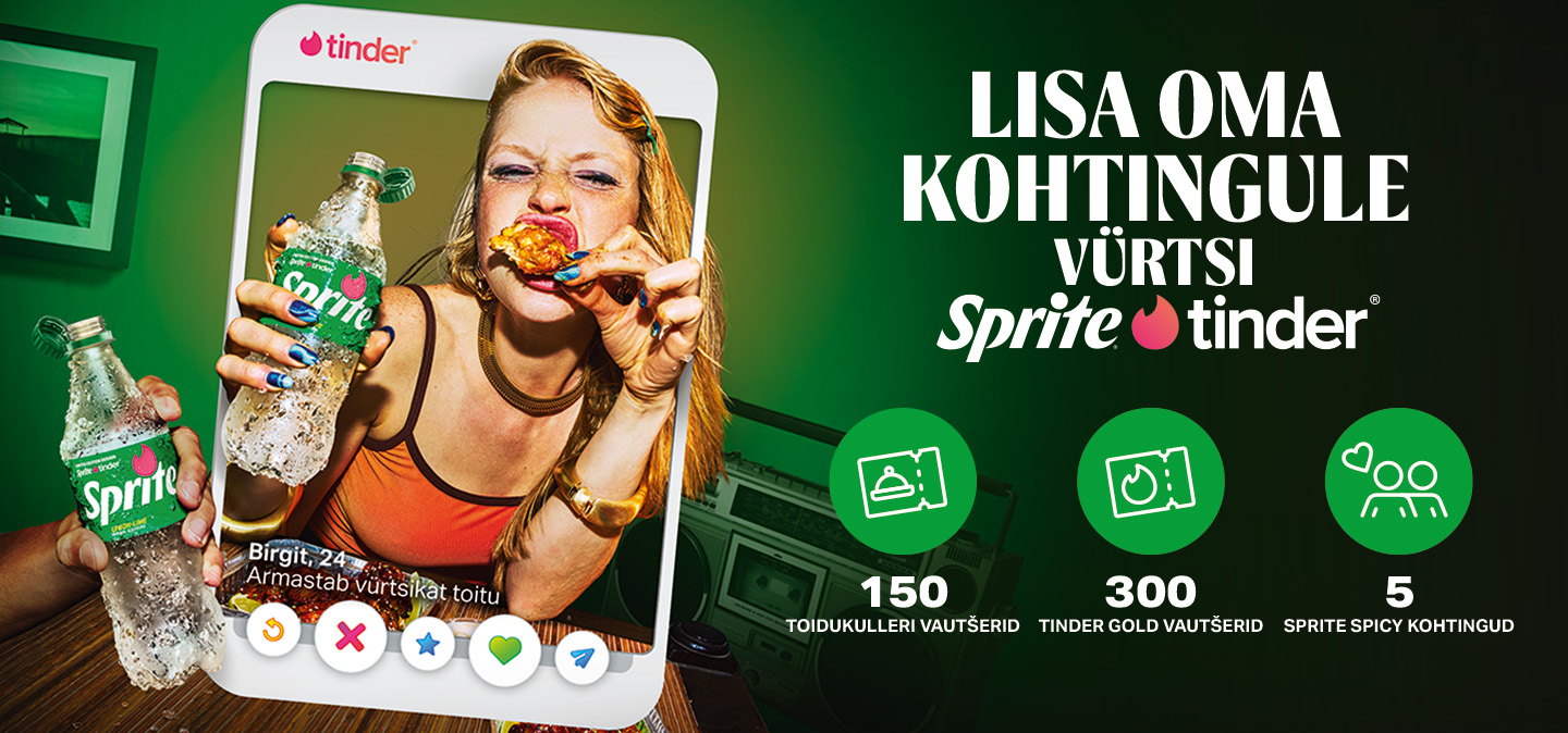 Sprite’i ja Tinderi kampaania visuaal: telefoni ekraanil kohtinguäpp koos Sprite’i joogiga ja kutse vürtsikale kohtingule.