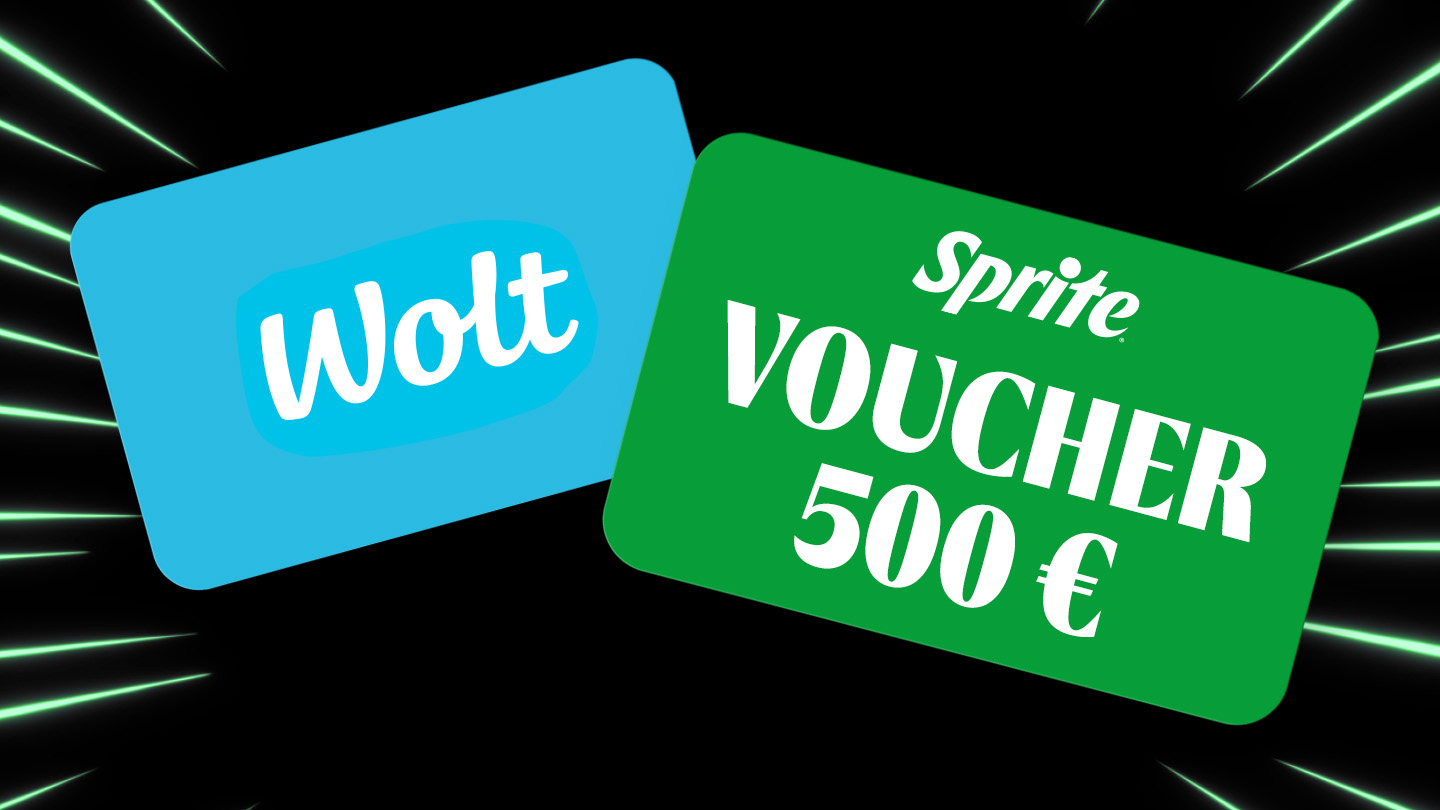 Wolti kinkekaart ja Sprite’i 500‑eurone vautšer mustal taustal.