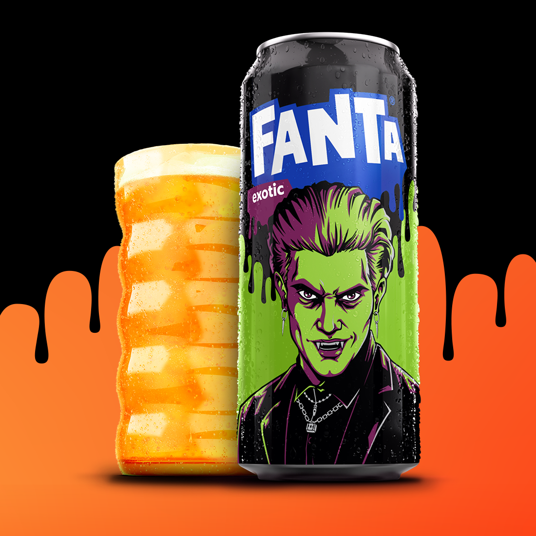 Lata de edición limitada de Fanta Exotic con un personaje de Fanta Halloween.