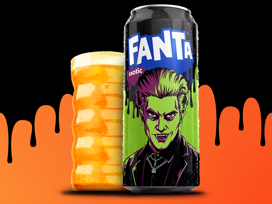 Lata de edición limitada de Fanta Exotic con un personaje de Fanta Halloween.