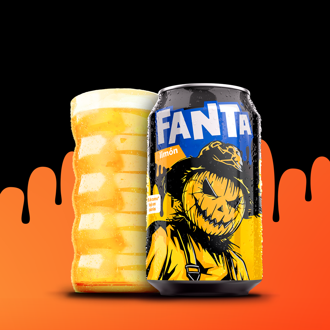 Lata de edición limitada de Fanta Limón con un personaje de Fanta Halloween.