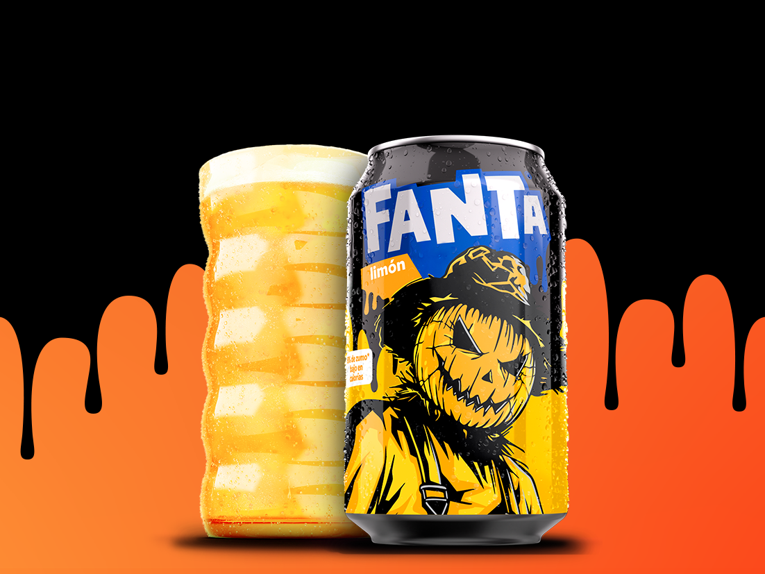 Lata de edición limitada de Fanta Limón con un personaje de Fanta Halloween.