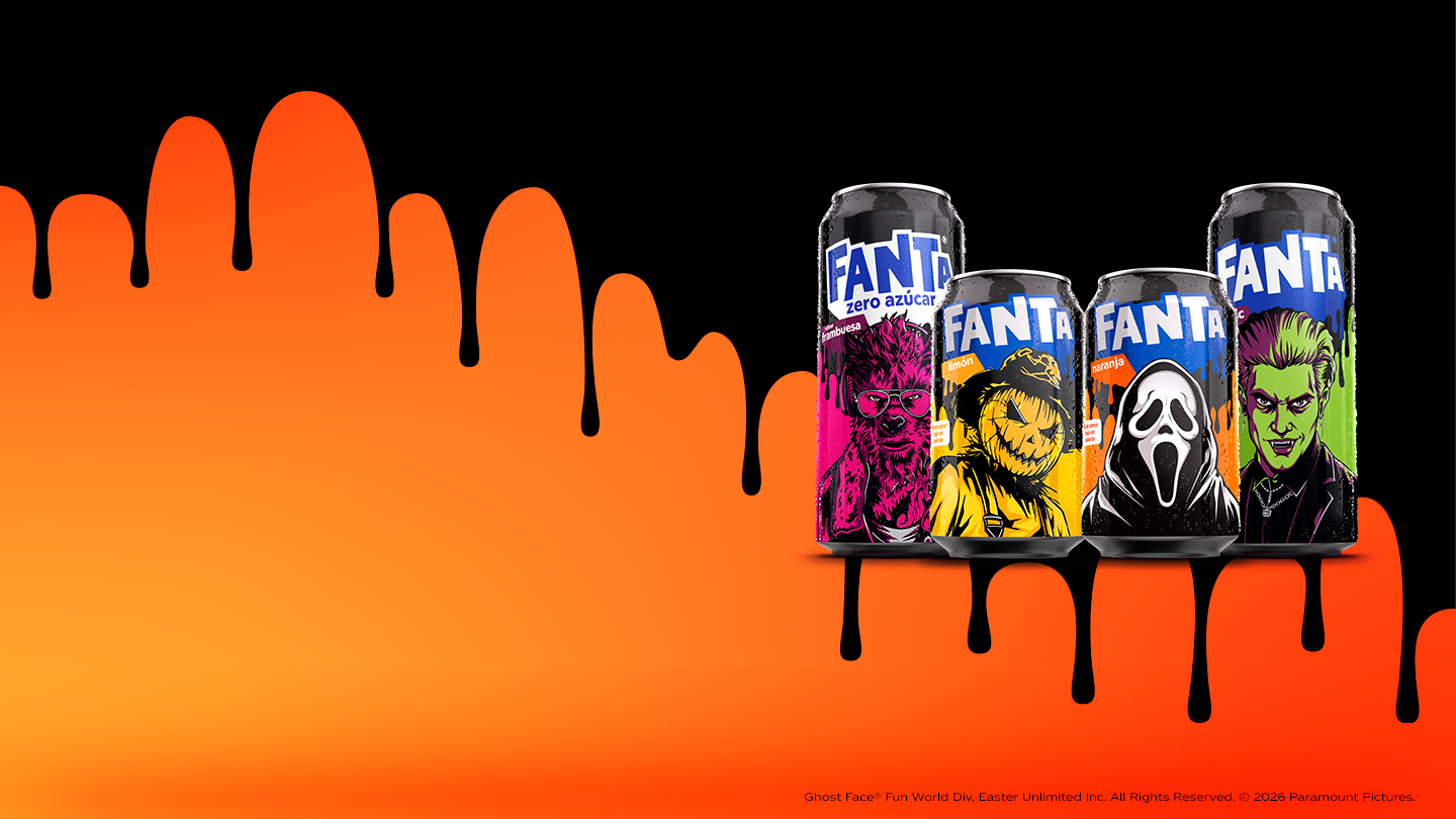 Latas de edición limitada de Fanta de la Colección Halloween, con los sabores Fanta Naranja, Fanta Limón, Fanta Frambuesa y Fanta Exotic.