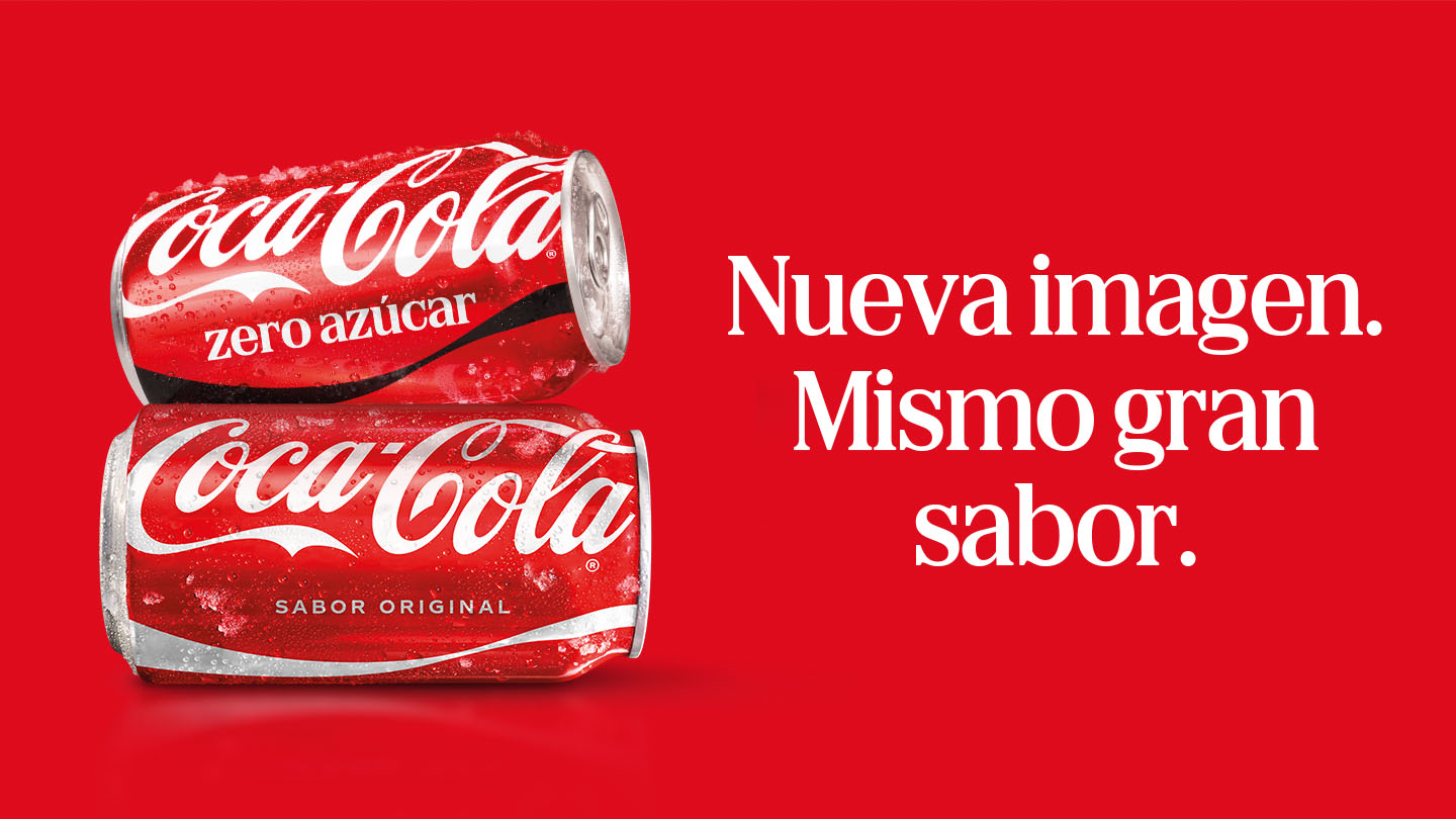 Latas de Coca‑Cola Sabor Original y Coca‑Cola Zero Azúcar sobre fondo rojo, junto al texto: “Nueva imagen. Mismo gran sabor.”