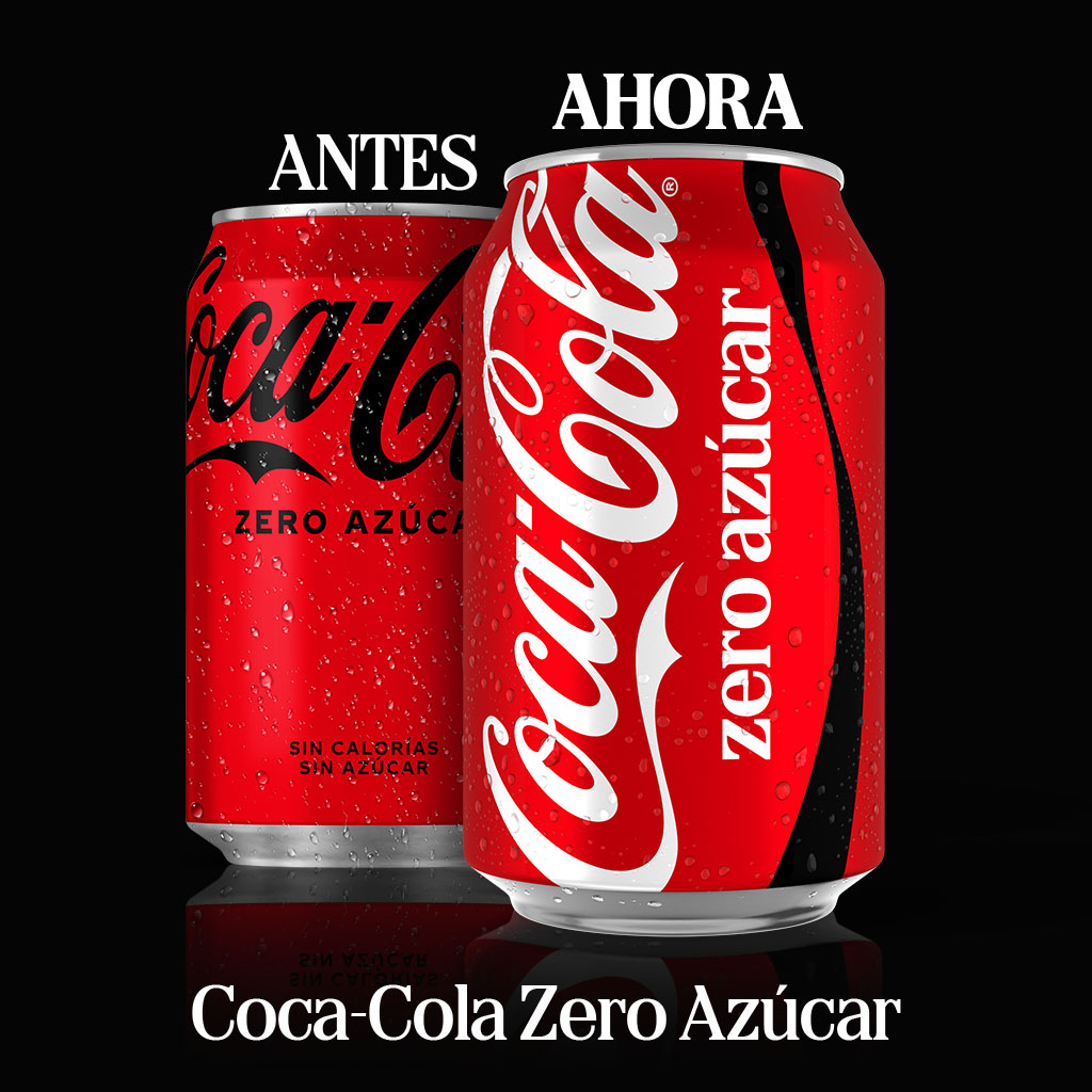 Comparación entre el diseño anterior y el nuevo de una lata de Coca‑Cola Zero Azúcar sobre fondo negro, con los textos “ANTES” y “AHORA”.