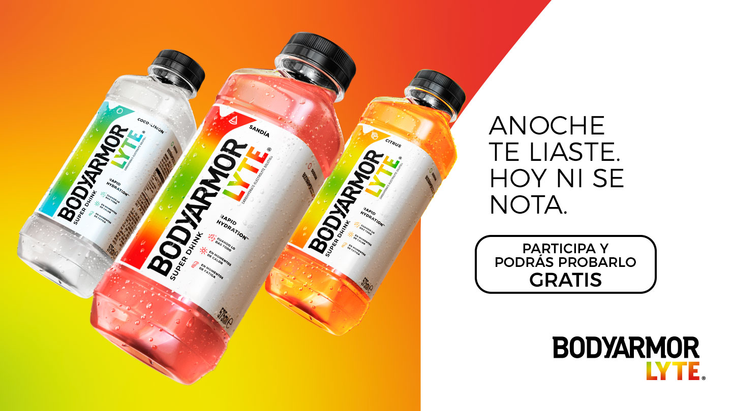 Tres botellas de Body Armor Lyte. "Hidratación rápida, vuelve a tu ritmo"