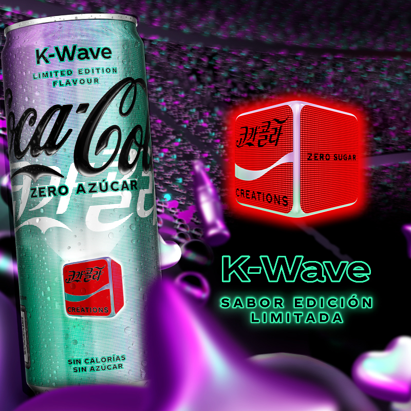 Lata de Coca-Cola K-Wave sobre un fondo futurista