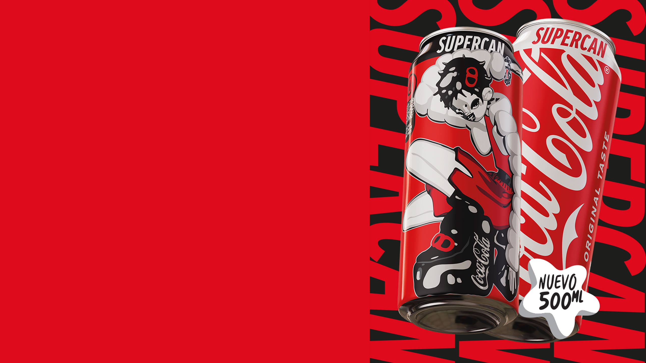 Lata de Coca‑Cola Supercan de 500 ml con diseño exclusivo sobre fondo rojo.