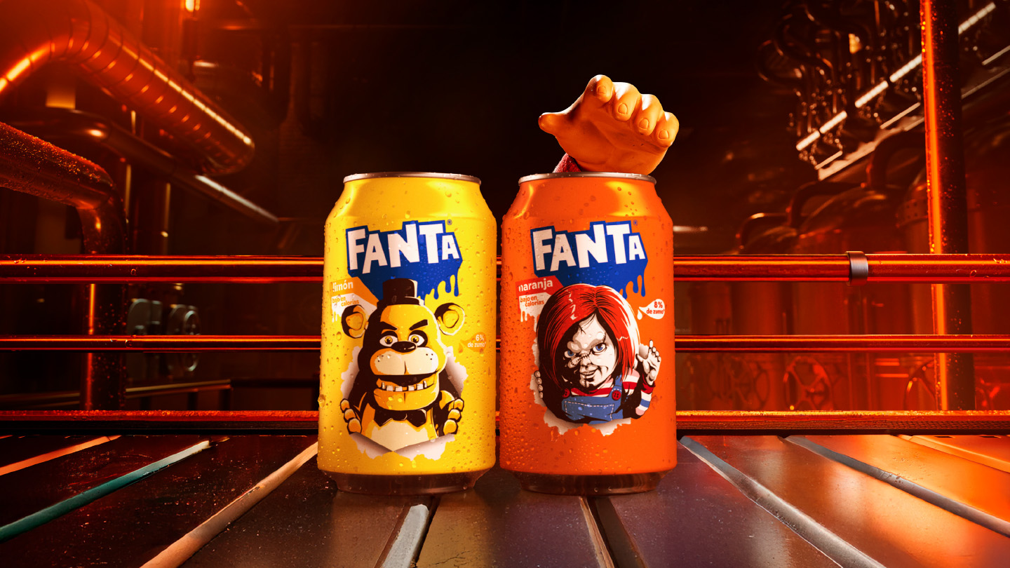 Lote de latas Fanta con imágenes de Chucky y Freddy Fazbear