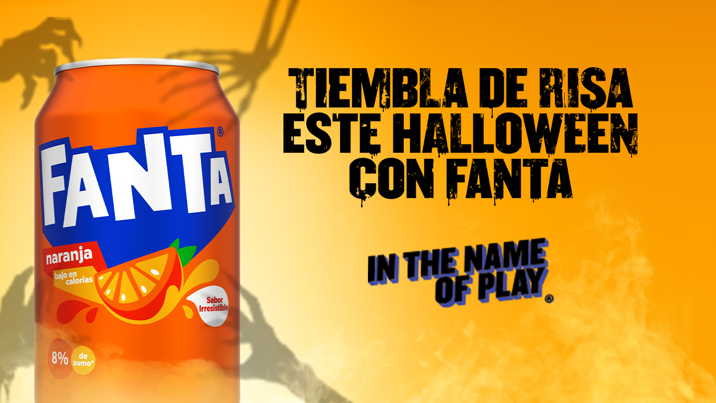 Bottle of Fanta with scary image and text to grab a Fanta to win epic tricks or treats