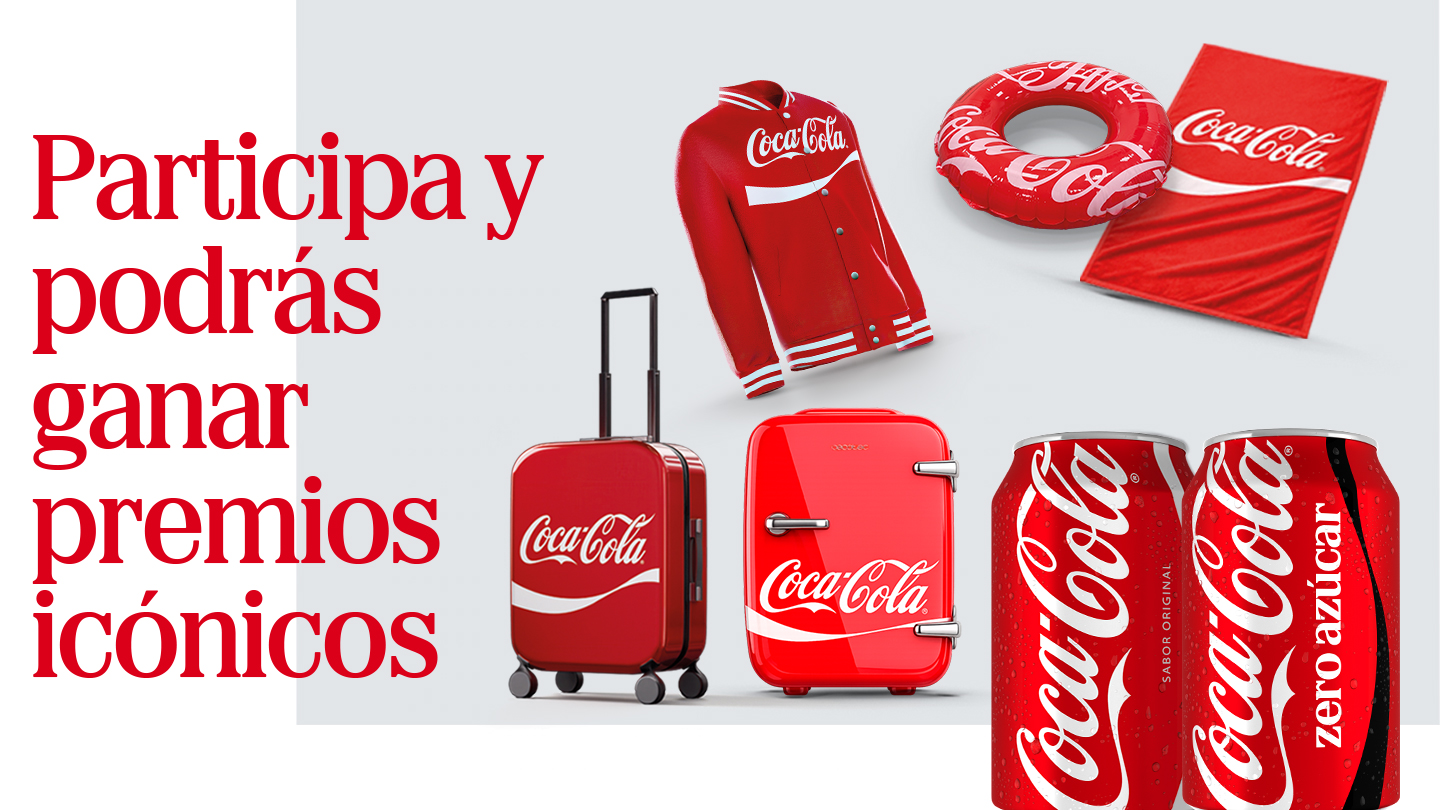 Banner promocional de Coca-Cola con el texto “Participa y podrás ganar premios icónicos” junto a varios premios de merchandising de la marca: chaqueta roja, cojín, toalla, maleta de viaje roja, mini nevera y toallas de playa rojas con diseño Coca-Cola.