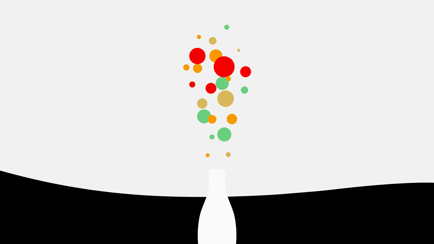 Ilustración de circulos de colores saliendo de una botella de Coca-Cola