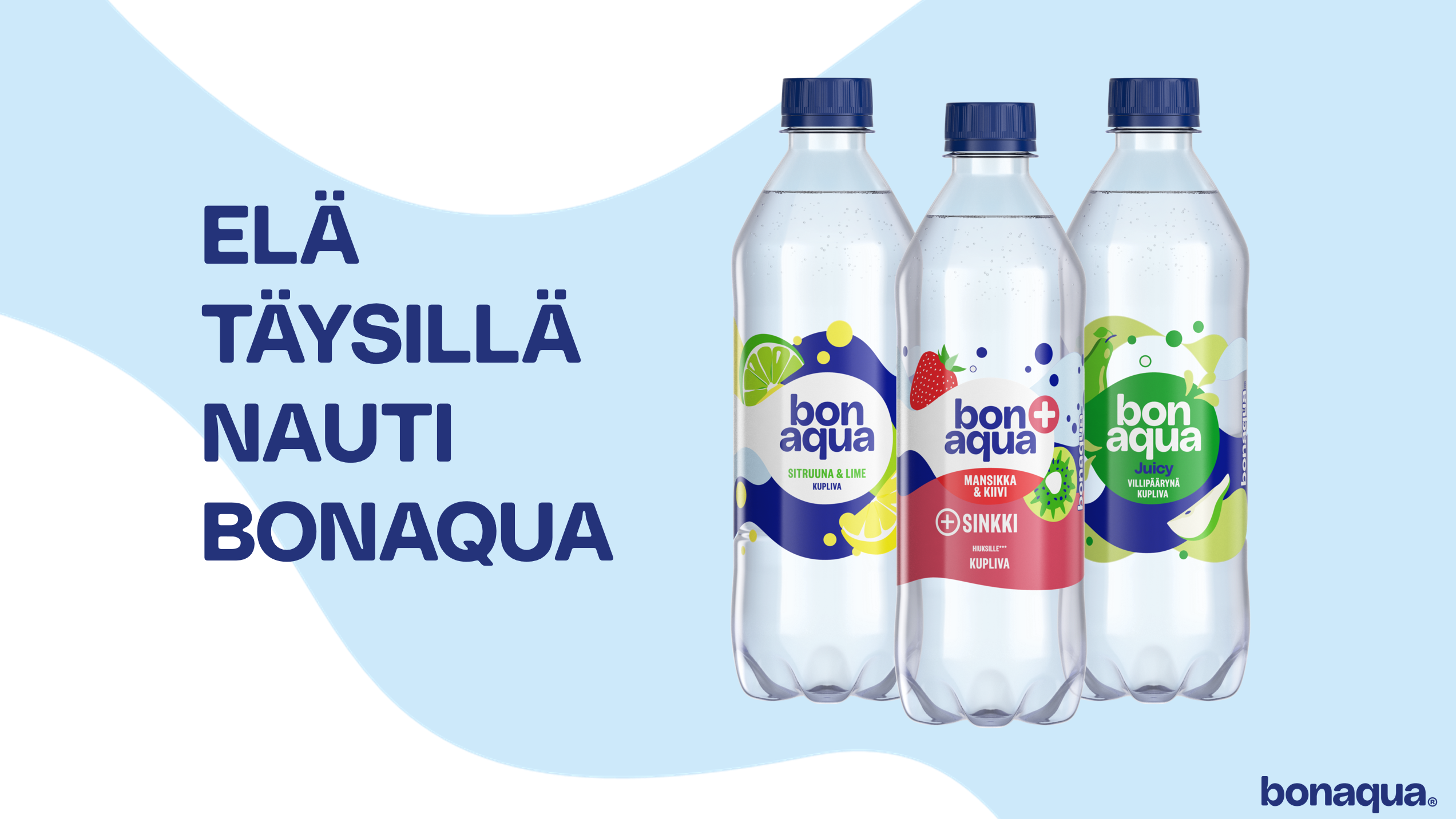 Bonaqua-valikoima muovipulloissa, sinisistä aalloista koostuva tausta. 