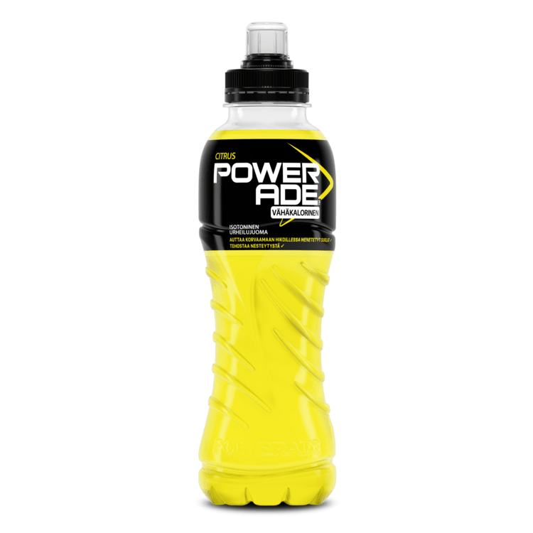 Powerade Citrus muovipullo valkoisella taustalla