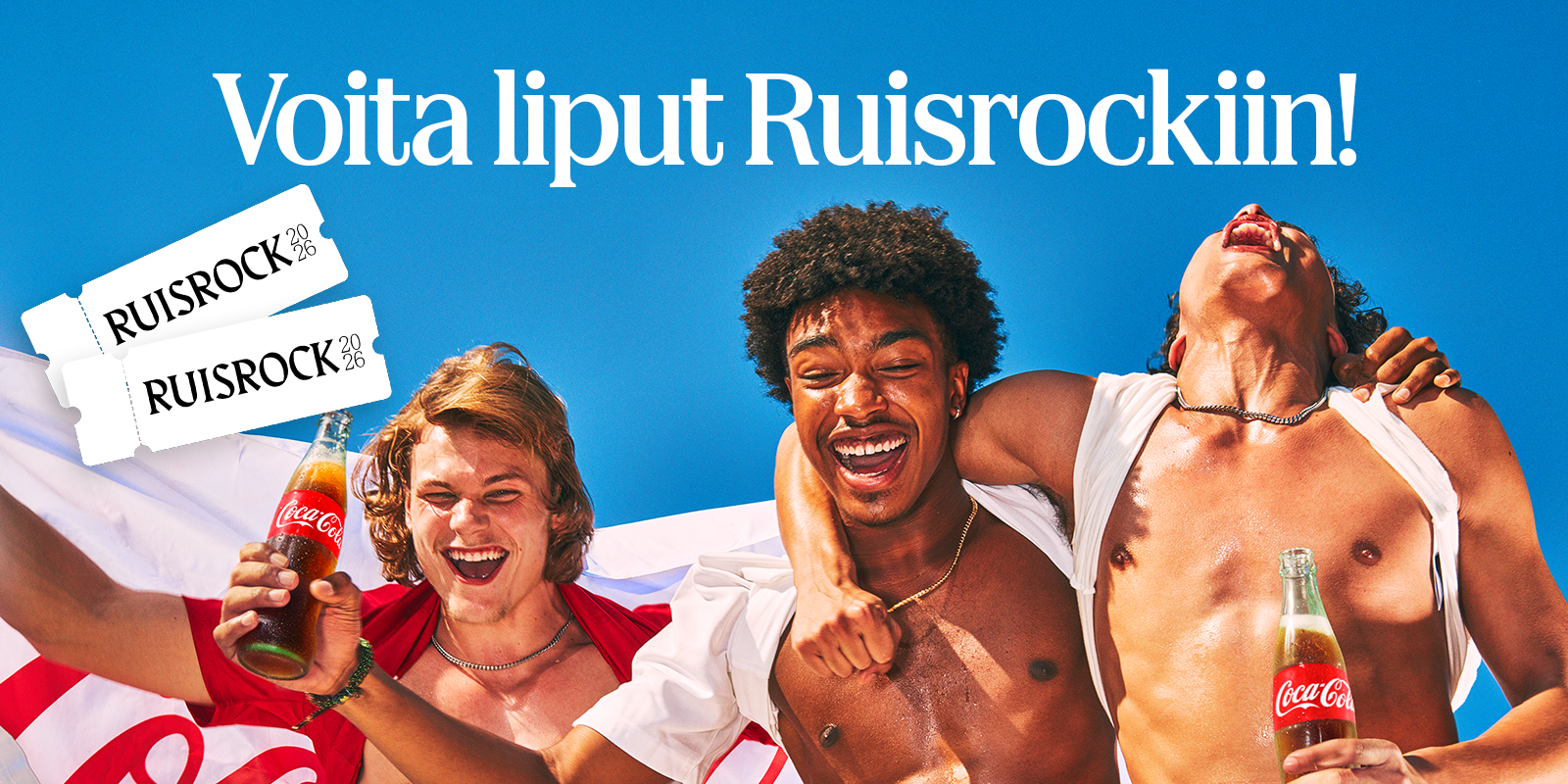 Kaksi päällekkäistä valkoista tapahtumalippua kirkkaan punaisella taustalla, molemmissa teksti “RUISROCK 2026”, rei’itetyt reunat ja alakulmassa teksti “3 pv”.